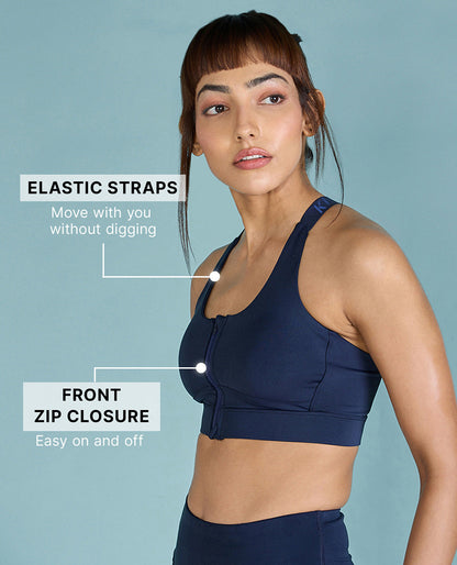 Kica Front Zip Sports Bra with Removable Pads Navy Blue
