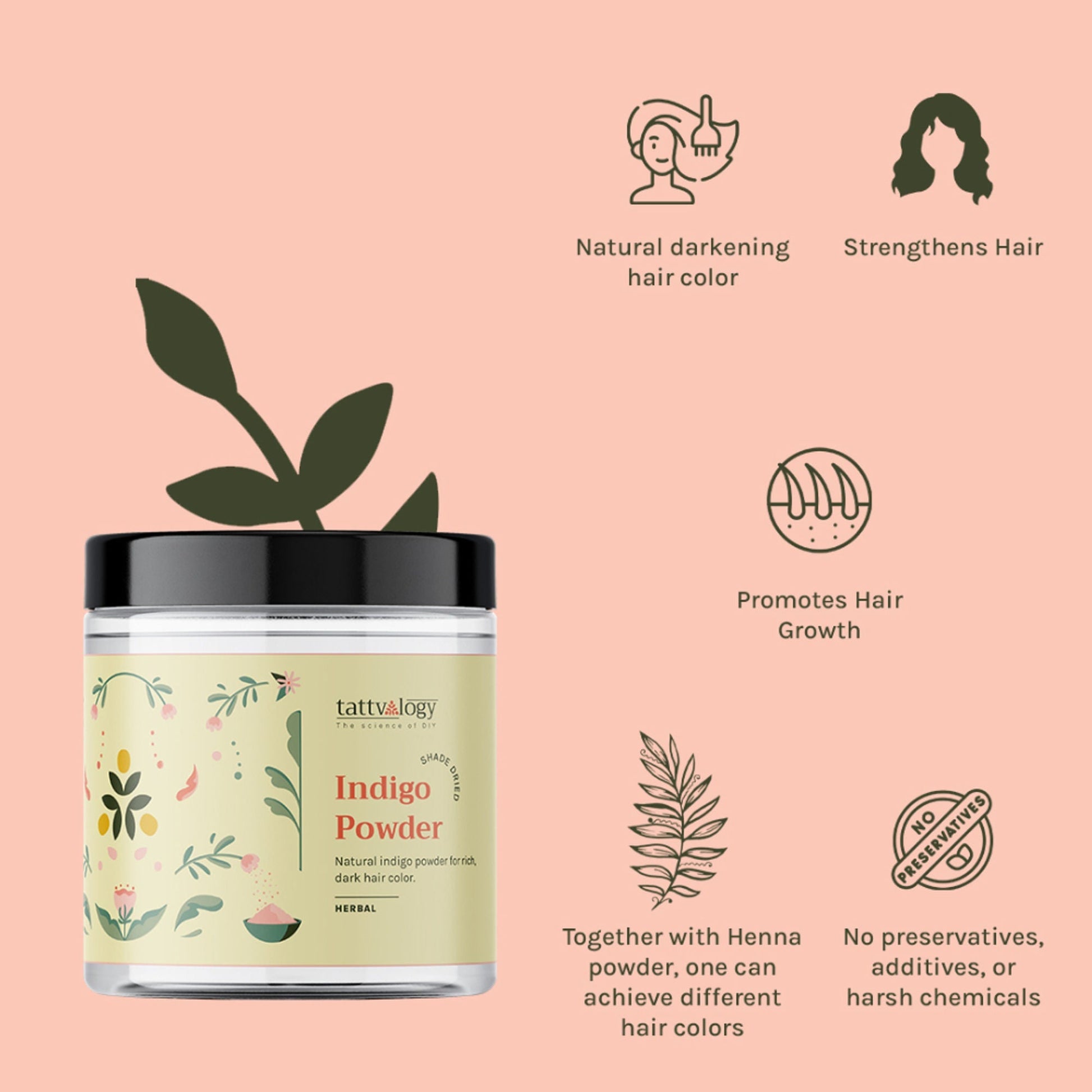 Tattvalogy Indigo Powder - Natural Hair Color with Henna for Soft, Indian Hair Shade & Conditioning
