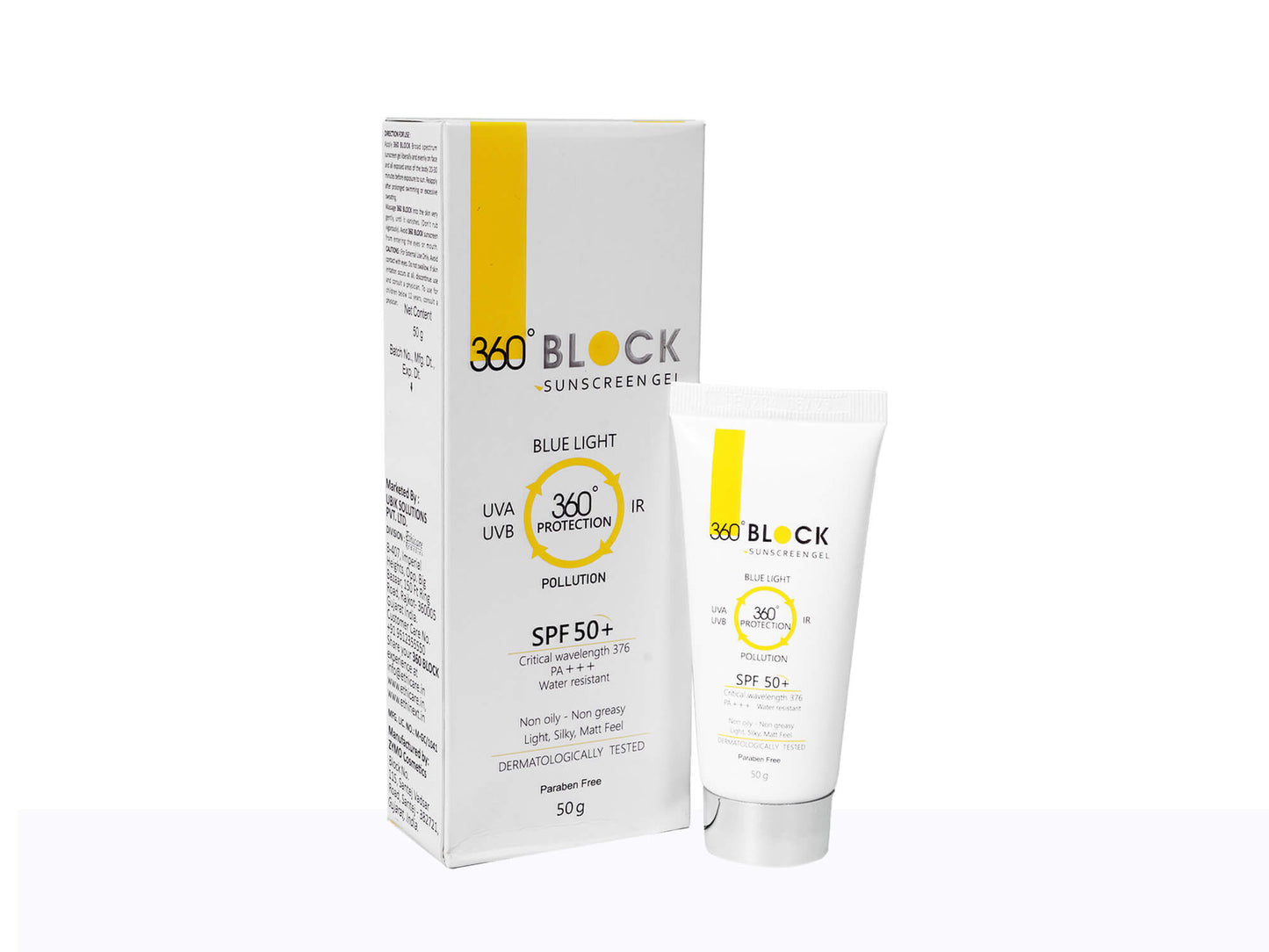 360 Block sunscreen gel packaging and tube on a white background