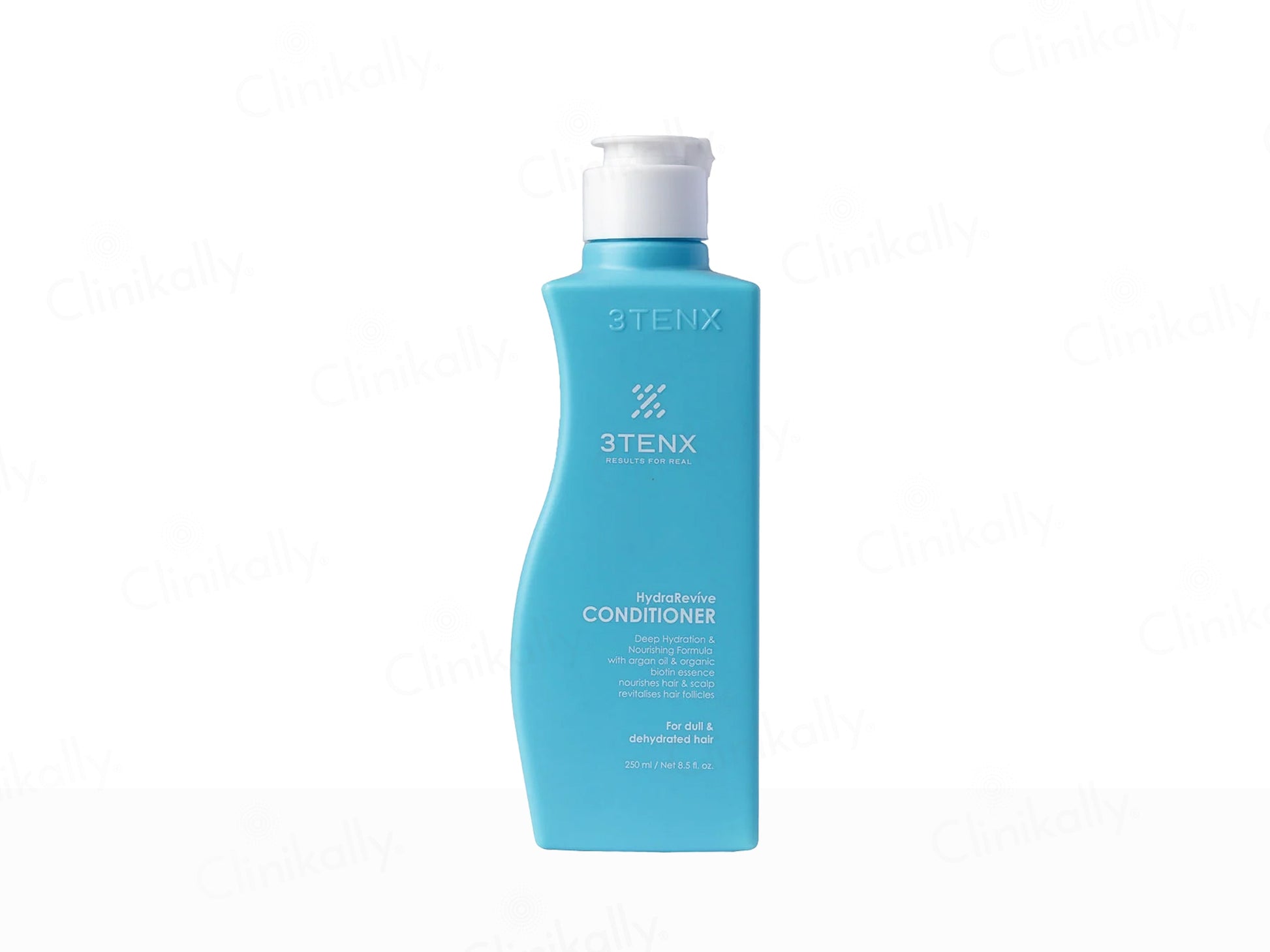 Blue conditioner bottle with white cap on a white background