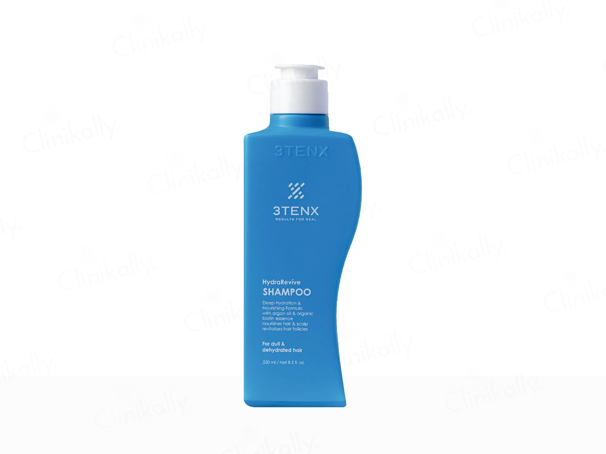 Blue shampoo bottle with white cap on a white background