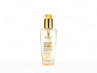 Bottle of 3Ten natural argan oil on a white background