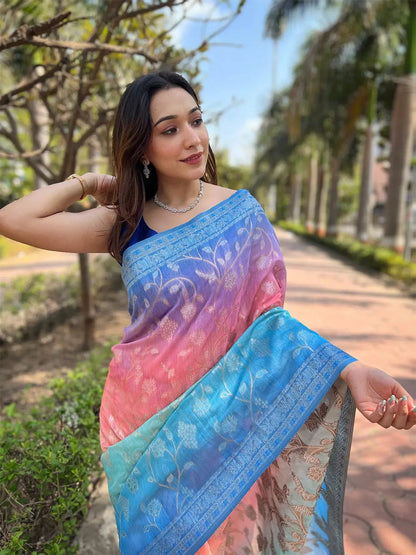 Stylish Soft Slub Silk With Pure Zari And Lakhnavi Badla Weaving