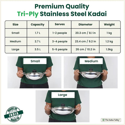 The Indus Valley TurboCuk Tri-ply Stainless Steel Kadai+ Glass Lid, Premium Quality, 3 Layer Thick Body, 100% Toxin-free, Non-stick, Induction & Gas, 1.7/2.7/3.5L