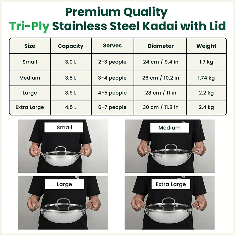 The Indus Valley TurboCuk Tri-ply Stainless Steel Kadai+ Steel Lid, Premium Quality, 3 Layer Thick Body, 100% Toxin-free, Non-stick, Induction & Gas, 3L/3.5L/3.9L/4.5L