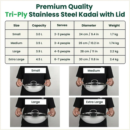 The Indus Valley TurboCuk Tri-ply Stainless Steel Kadai+ Steel Lid, Premium Quality, 3 Layer Thick Body, 100% Toxin-free, Non-stick, Induction & Gas, 3L/3.5L/3.9L/4.5L