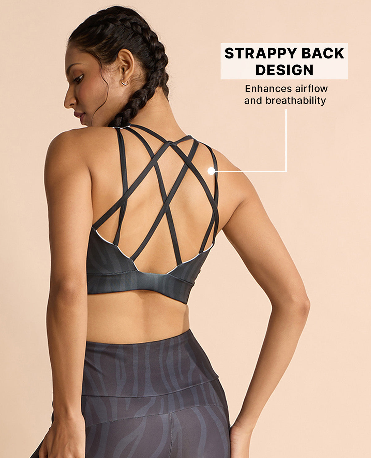 Fashionable Strappy Sports Bra with Removable Pads Animal Print Black