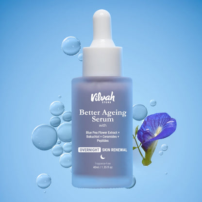 Vilvah Store Better Ageing Serum bottle with dropper on a blue background