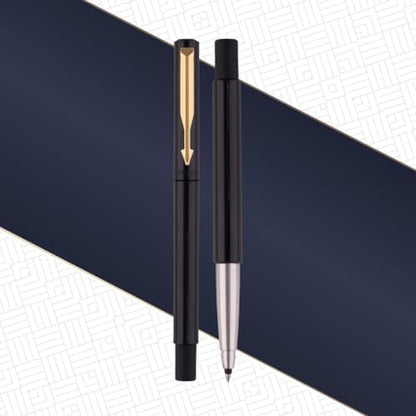 Parker Vector Standard Gold Trim Roller Ball Pen | Ink Color - Blue | Black Body Color | Ergonomic Design | Built for long writing sessions