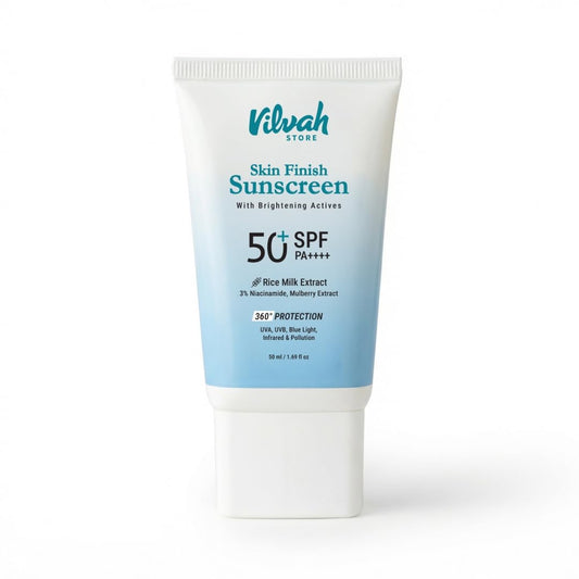 Vilvah Store Skin Finish Sunscreen SPF 50 PA++++ | No White Cast, Water-Resistant Sunscreen | Hydrating, Lightweight, Non-Greasy | UVA & UVB Protection with Natural UV Filters & Rice Milk | Unisex, For All Skin Types | 50g