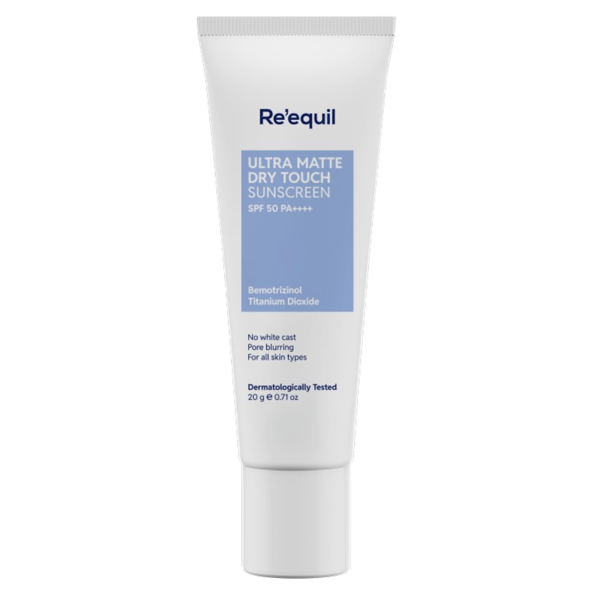 RE' EQUIL Ultra Matte Dry Touch Sunscreen | SPF 50 PA++++ | Water & Sweat Resistant | No White Cast, Non-Greasy & Non-Comedogenic | For All Skin Types | 50G