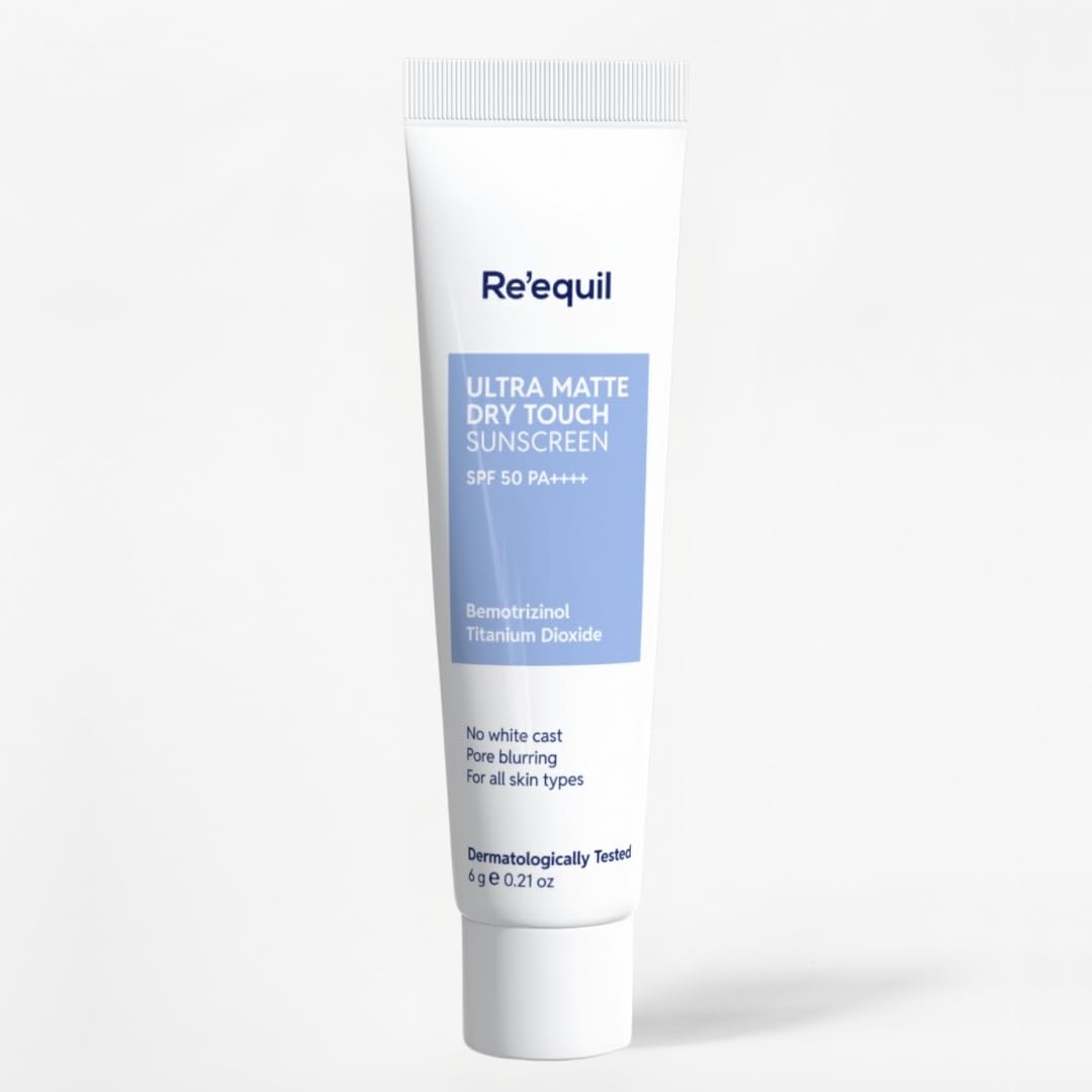 RE' EQUIL Ultra Matte Dry Touch Sunscreen | SPF 50 PA++++ | Water & Sweat Resistant | No White Cast, Non-Greasy & Non-Comedogenic | For All Skin Types | 50G