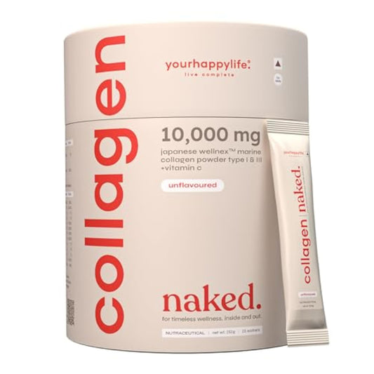 YourHappyLife Collagen Naked | Japanese Unflavored Marine Collagen Peptides Type 1 & 3 with Vitamin C for Men & Women For Skin, Joints, Hair & Nails | Hydrolyzed for Fast Absorption | 10,000mg Collagen + 80mg Vitamin C | Pack of 1 (250 gm)