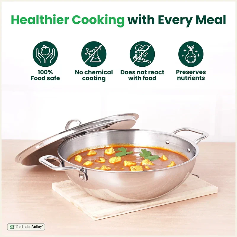 The Indus Valley TurboCuk Tri-ply Stainless Steel Kadai+ Steel Lid, Premium Quality, 3 Layer Thick Body, 100% Toxin-free, Non-stick, Induction & Gas, 3L/3.5L/3.9L/4.5L