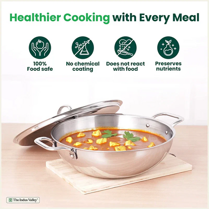 The Indus Valley TurboCuk Tri-ply Stainless Steel Kadai+ Steel Lid, Premium Quality, 3 Layer Thick Body, 100% Toxin-free, Non-stick, Induction & Gas, 3L/3.5L/3.9L/4.5L
