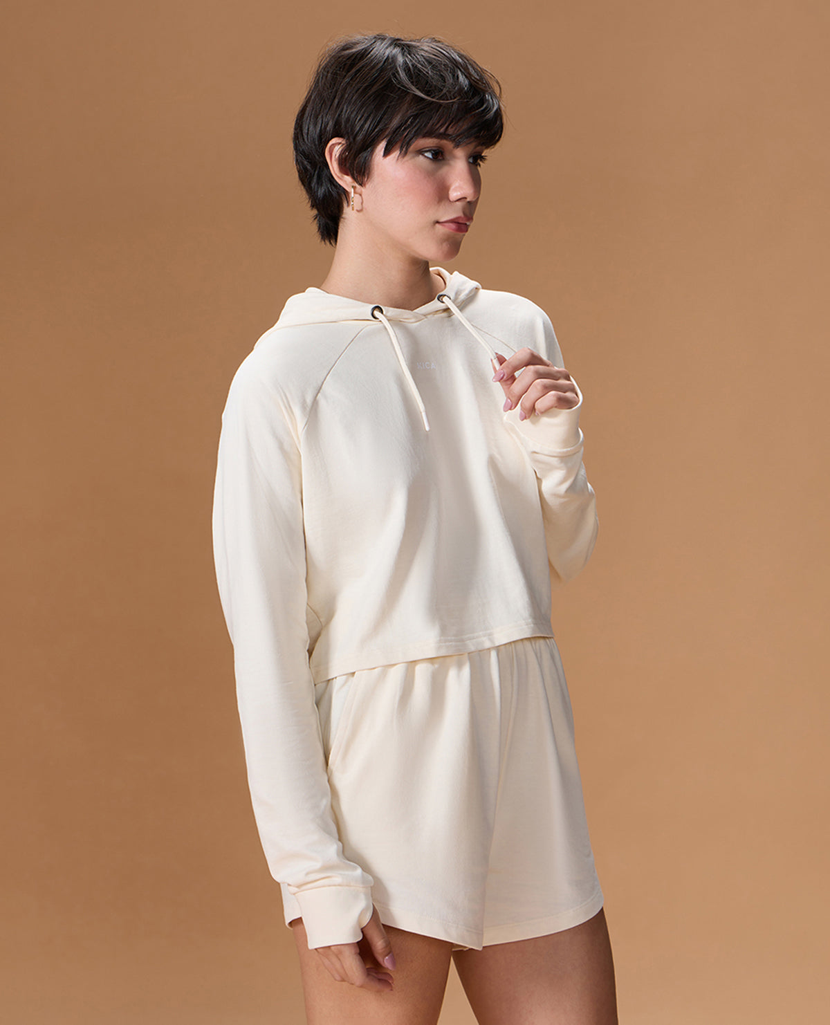 Cropped Cotton Terry Hoodie Off White