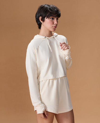 Cropped Cotton Terry Hoodie Off White