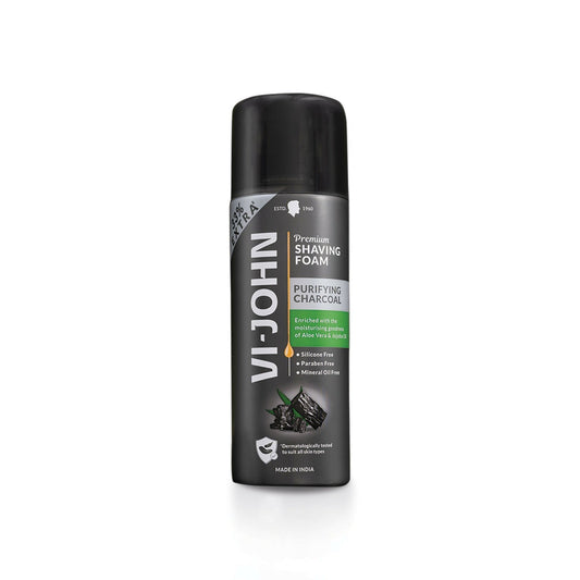 VI-JOHN Dermatologically Tested Premium Purifying Charcoal Shaving Foam Enriched with Aloevera & Jojoba Oil Free From Silicone, Paraben & Mineral Oil