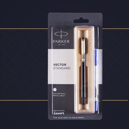 Parker Vector Standard Gold Trim Roller Ball Pen | Ink Color - Blue | Black Body Color | Ergonomic Design | Built for long writing sessions