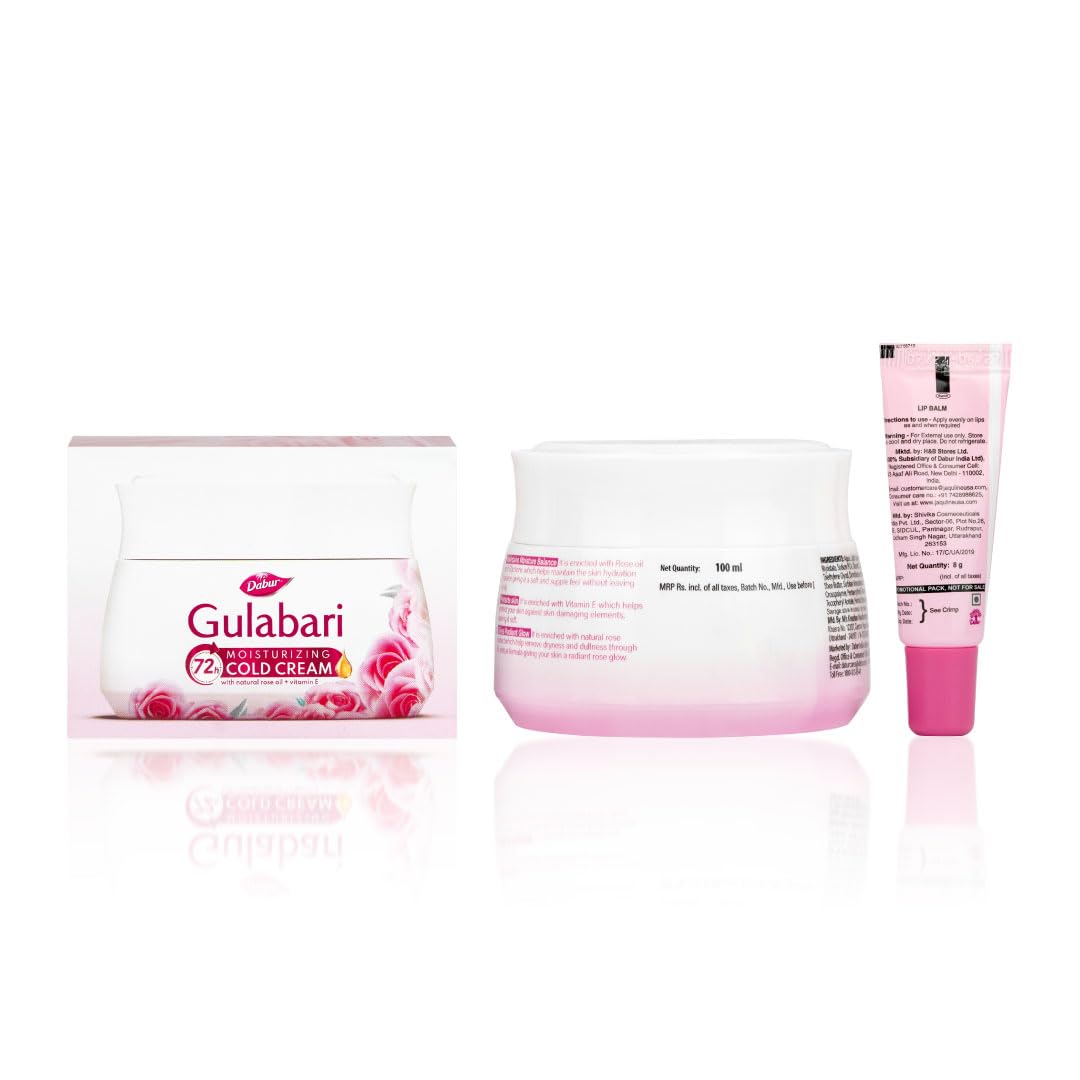 DABUR Gulabari Moisturizing Cold Cream 100Gm + Gualabari Lip Balm 8Gm|With Goodness Of Natural Rose Oil & Vitamin E|Intense Hydration And Deep Moisturization|For Smooth & Soft Skin|All Skin Types