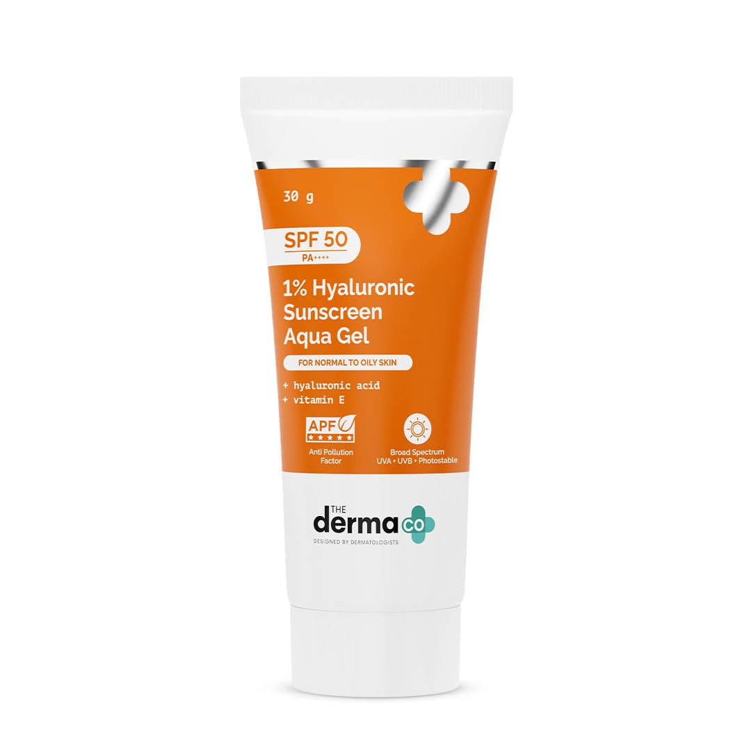 The Derma Co 1% Hyaluronic Sunscreen Aqua Gel SPF 50 PA++++ | Hydrating, Lightweight & Non-Greasy | No White Cast | Broad Spectrum & Blue Light Protection | Clinically Tested - (In-Vivo) | 80 g
