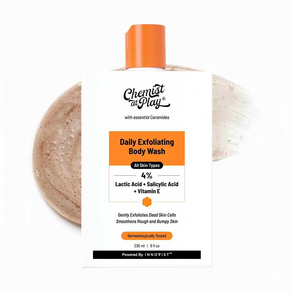 Chemist At Play Exfoliating Body Wash 236ml | Removes Tan, Fights Body Acne, Strawberry Skin | 4% (Salicylic Acid, Vitamin E & Lactic Acid) | Gentle Exfoliating Shower Gel For Women & Men