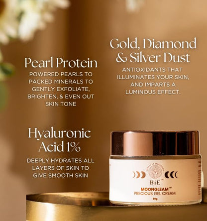 BiE Moongleam - Precious Gel Cream + Primer With Gold- Silver & Diamond Dust | For Instant Glow, Shimmer & Hydration | Radiant Finish | All Skin Types | Men & Women | 20gm