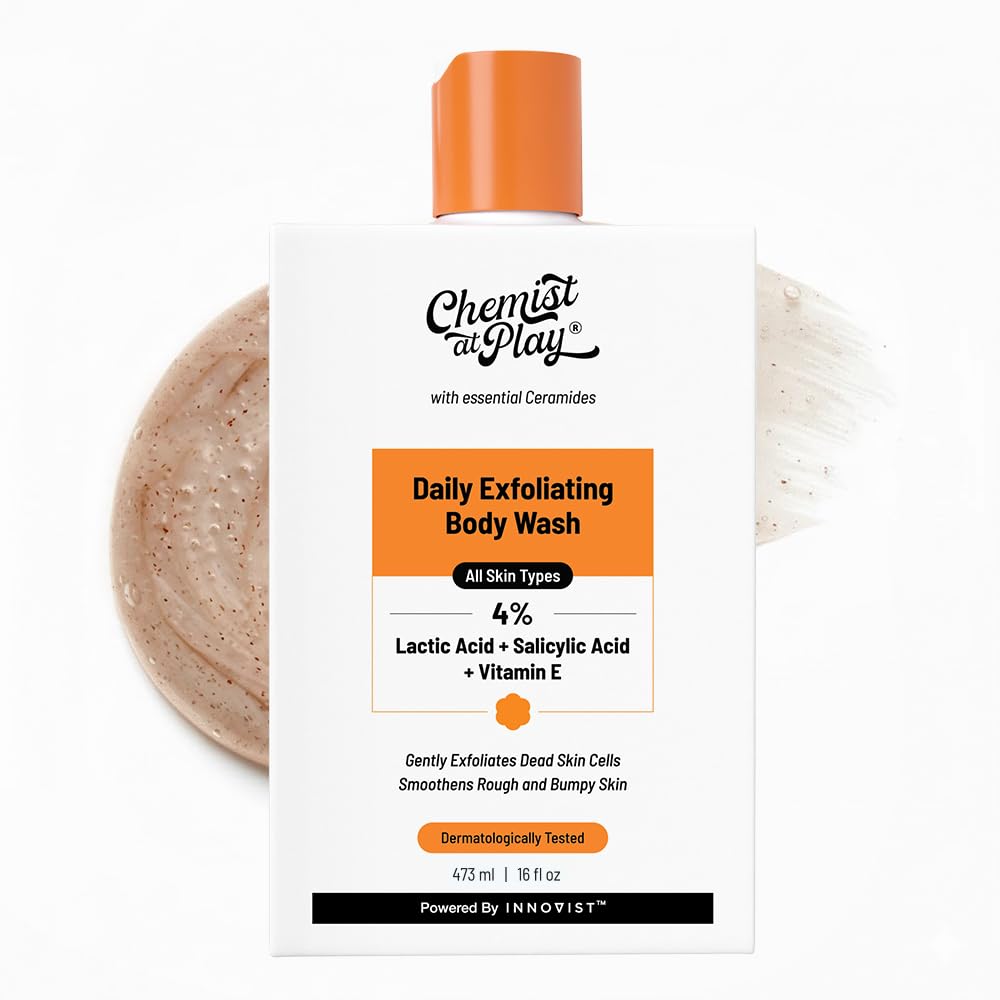 Chemist At Play Exfoliating Body Wash 236ml | Removes Tan, Fights Body Acne, Strawberry Skin | 4% (Salicylic Acid, Vitamin E & Lactic Acid) | Gentle Exfoliating Shower Gel For Women & Men