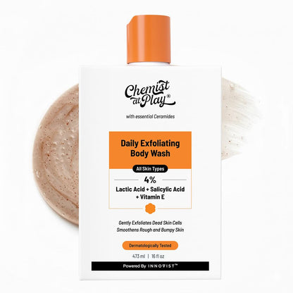Chemist At Play Exfoliating Body Wash 236ml | Removes Tan, Fights Body Acne, Strawberry Skin | 4% (Salicylic Acid, Vitamin E & Lactic Acid) | Gentle Exfoliating Shower Gel For Women & Men