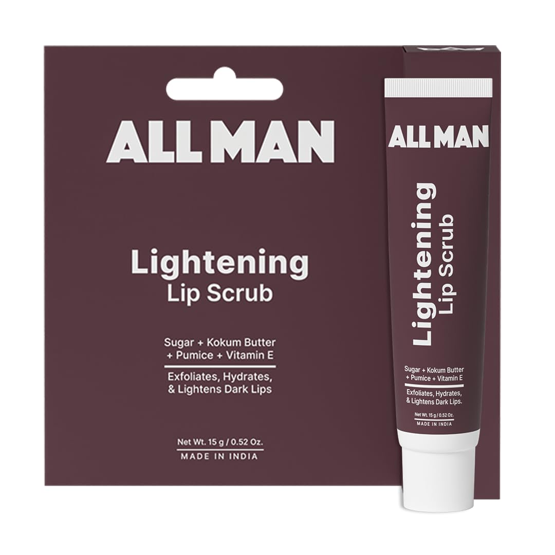 Packaging and tube of ALL MAN Lightening Lip Scrub with the ingredients sugar, kokum butter, and vitamin E mentioned, and a description of exfoliating, hydrating, and lightening dark lips.
