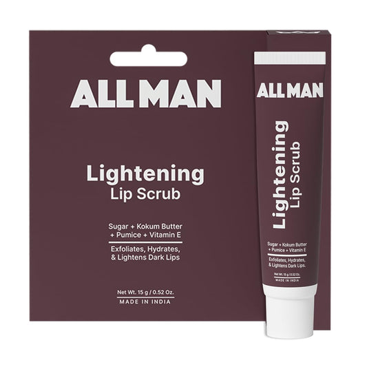 Packaging and tube of ALL MAN Lightening Lip Scrub with the ingredients sugar, kokum butter, and vitamin E mentioned, and a description of exfoliating, hydrating, and lightening dark lips.
