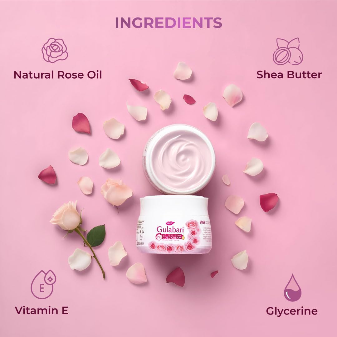DABUR Gulabari Moisturizing Cold Cream 100Gm + Gualabari Lip Balm 8Gm|With Goodness Of Natural Rose Oil & Vitamin E|Intense Hydration And Deep Moisturization|For Smooth & Soft Skin|All Skin Types