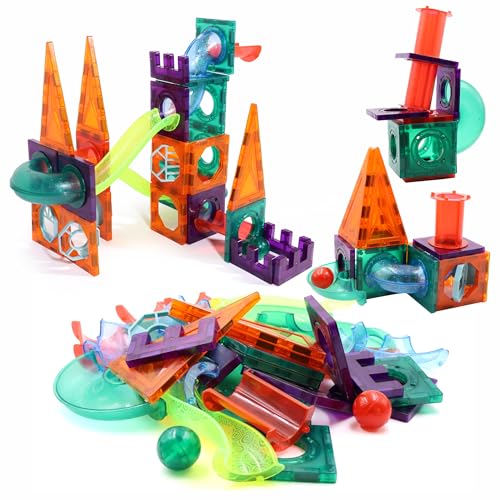 Chanak 48 PCS Magnetic Tiles Building Set for Kids, STEM Educational Learning Toy with Marble Run, Slides, Balls & Windows, 3D Magnetic Blocks for Boys & Girls Ages 3+
