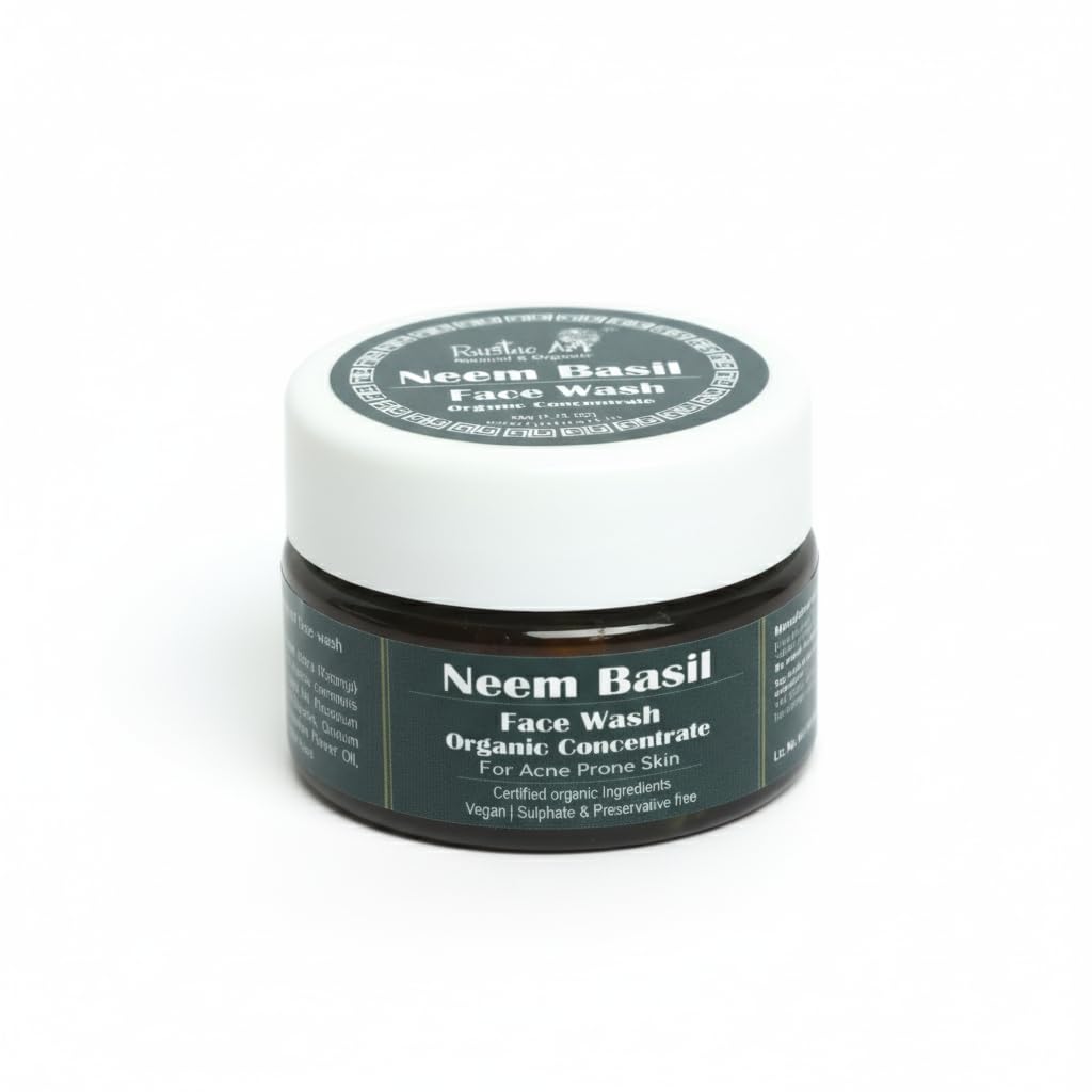 Rustic Art Neem Basil Face Wash Concentrate | Acne & Pimple Control | Deep Cleansing 3X Long Lasting Gel | Organic & Herbal | Sulphate & Paraben Free | Best for Oily & Acne-Prone Skin | 50g