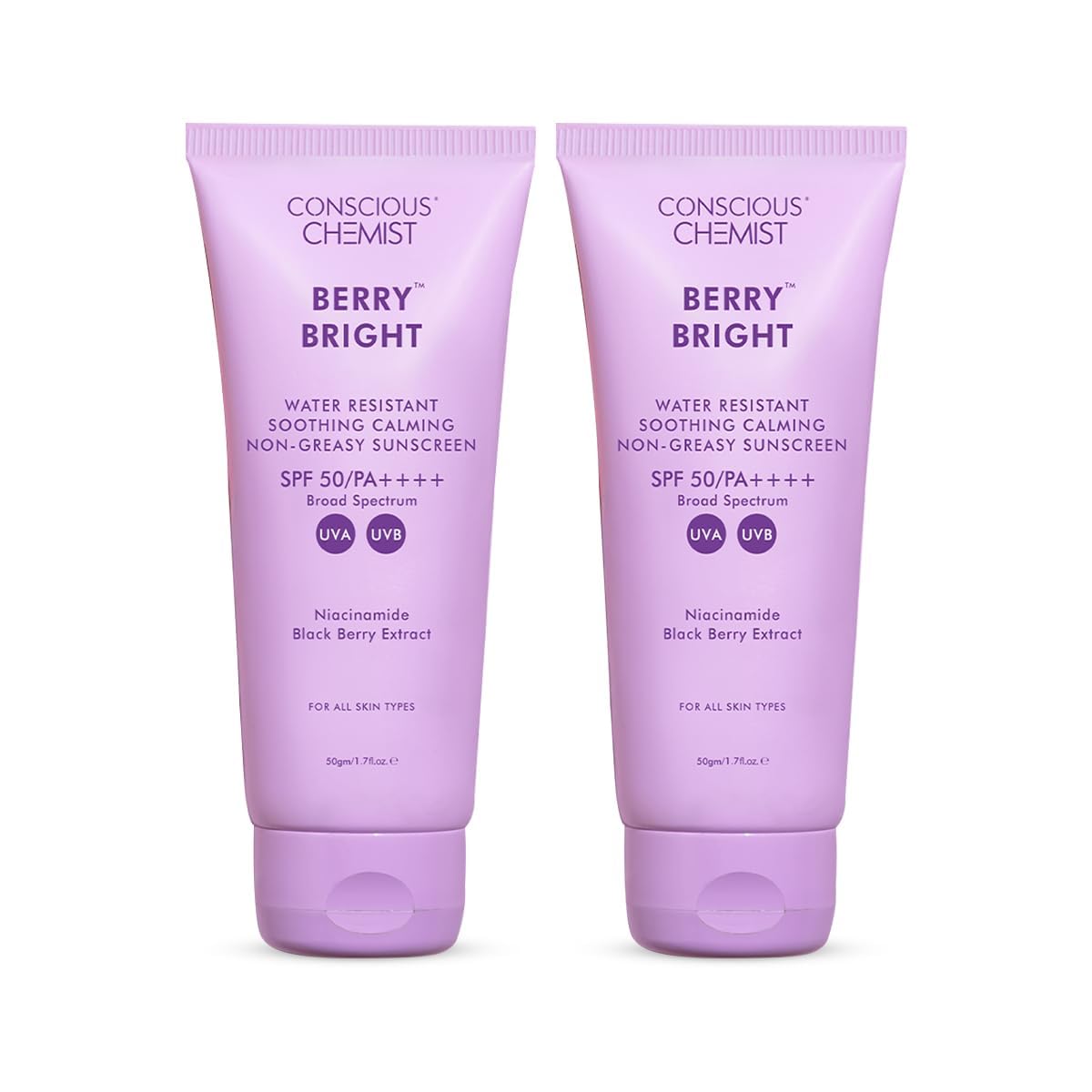 Conscious Chemist® Sunscreen SPF 50 PA++++ | 50g | Sunscreen for Oily Skin, Gel Sunscreen, Niacinamide with Black Berry Extract, Hybrid Lightweight, All Skin Types - Berry Bright
