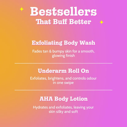 Chemist At Play Exfoliating Kit | Exfoliating Body Wash Removes Tan | Underarm Roll On Fights Odour & Brightens Underarm | AHA Body Lotion Nourishes Skin | 140ml
