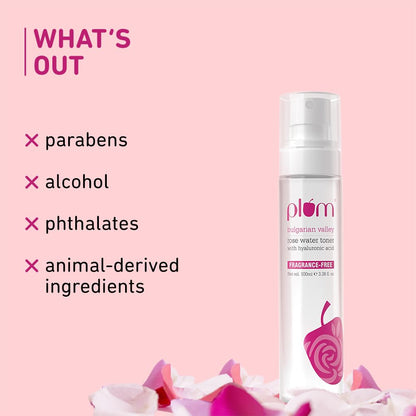 Plum Bulgarian Valley Rose Water Face Toner | for Oily Acne Prone Dry Combination Skin | with Hyaluronic Acid | Hydrating & Pores Tightening | Balances pH Levels | Alcohol-Free | Women & Men | 100ml