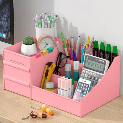 SHUTTLE ART Modern Desk Storage Organizer Box with 2 Drawers –Stackable Desk Organizer with Pen Holder and 5 Compartments – Perfect for Office, Home, School, Art Supplies, Crafts, and Stationery(Blue)