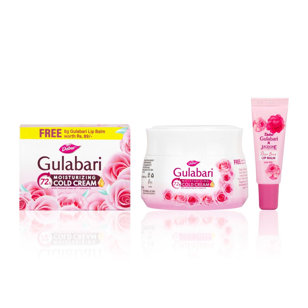 DABUR Gulabari Moisturizing Cold Cream 100Gm + Gualabari Lip Balm 8Gm|With Goodness Of Natural Rose Oil & Vitamin E|Intense Hydration And Deep Moisturization|For Smooth & Soft Skin|All Skin Types