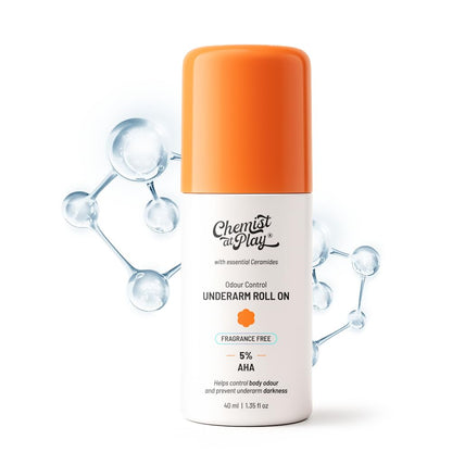 Chemist At Play UnderArm Roll-On with 5% AHA, Lactic Acid & 1% Mandelic Acid|Prevents Body Odour, Fades Pigmentation & Kills Bacteria|0% Aluminium & 0% Alcohol | For Sensitive Skin|Aqua Fragrance|40ml