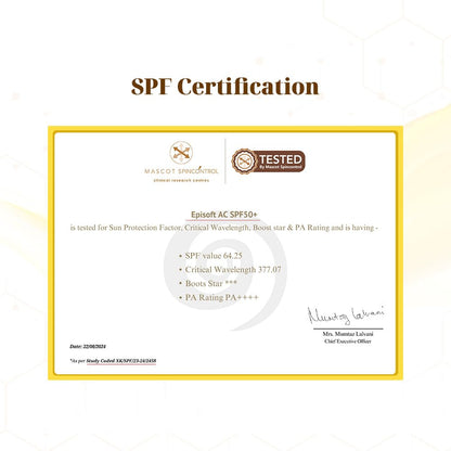 Episoft AC SPF 50 + sunscreen | Maximum Hydration | Protection against both UV-A/UV-B, Water and Sweat Resistance | Lightweight | With anti-aging benefits | For all Skin Types | No white cast | 50 G