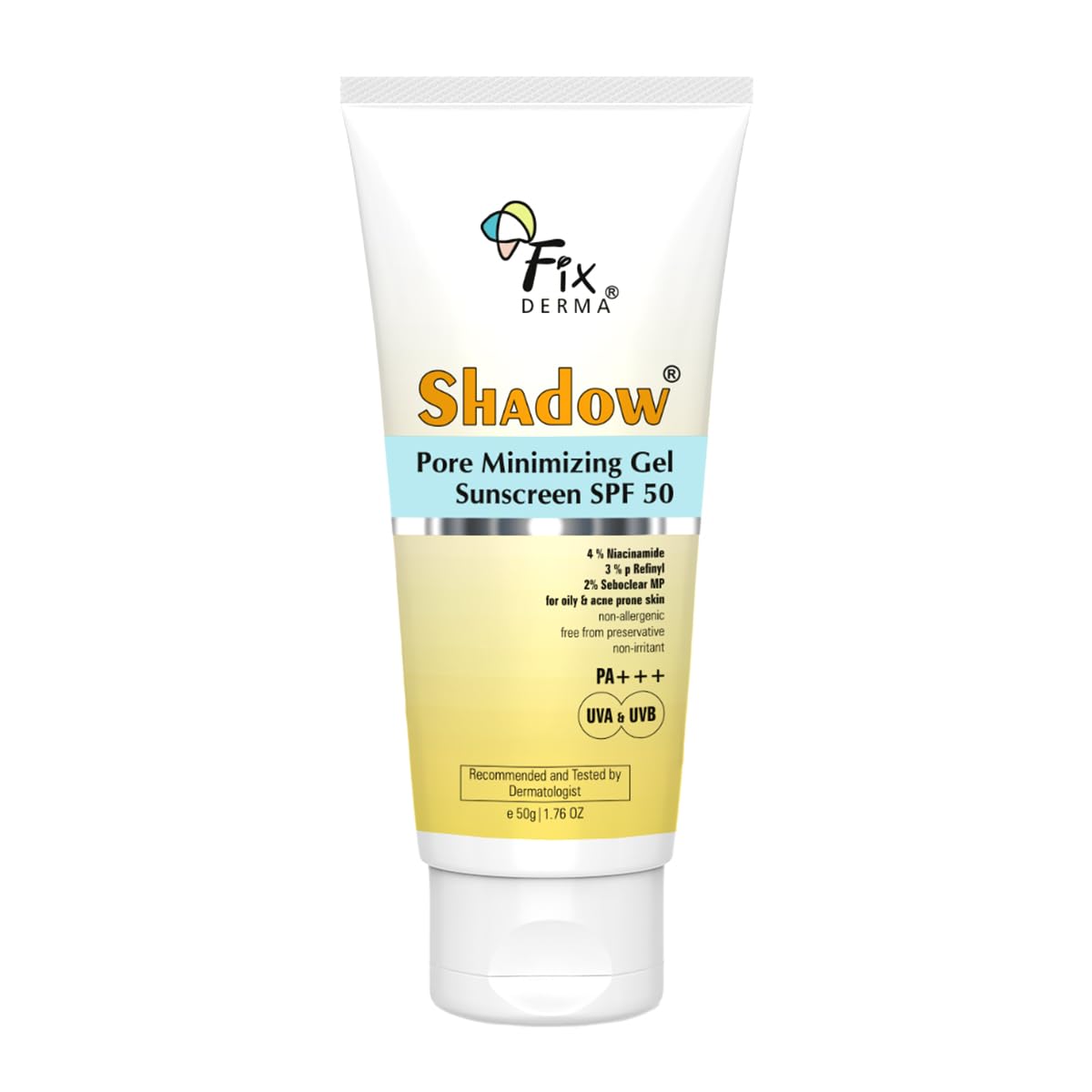Fixderma Shadow Sunscreen SPF 50+ PA+++ Gel | Sunscreen SPF 50 for Oily, Acne Prone & Normal Skin | Broad Spectrum & UVA & UVB Protection | Lightweight | No White Cast | For Unisex - 75G
