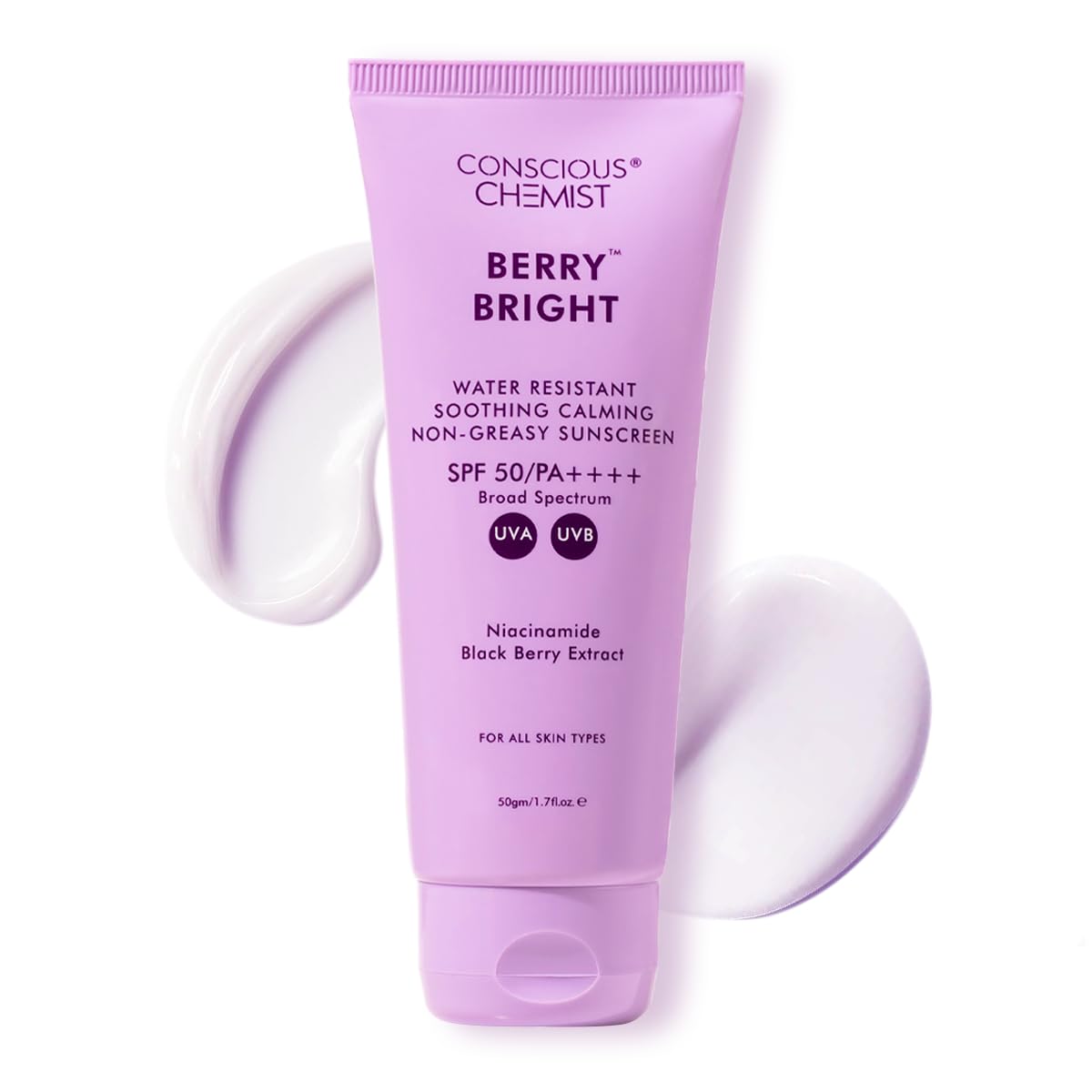 Conscious Chemist® Sunscreen SPF 50 PA++++ | 50g | Sunscreen for Oily Skin, Gel Sunscreen, Niacinamide with Black Berry Extract, Hybrid Lightweight, All Skin Types - Berry Bright