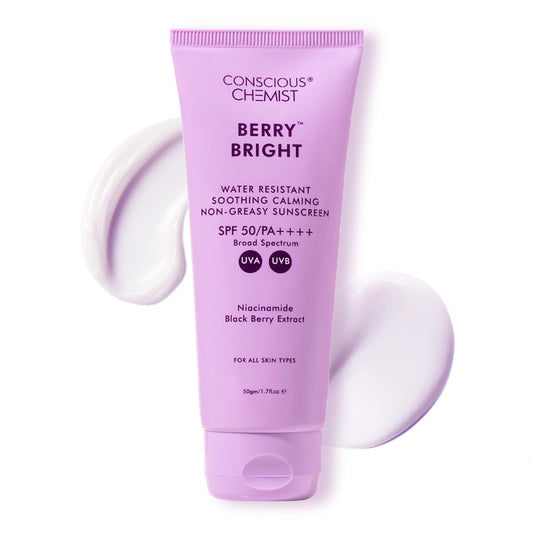 Conscious Chemist® Sunscreen SPF 50 PA++++ | 50g | Sunscreen for Oily Skin, Gel Sunscreen, Niacinamide with Black Berry Extract, Hybrid Lightweight, All Skin Types - Berry Bright