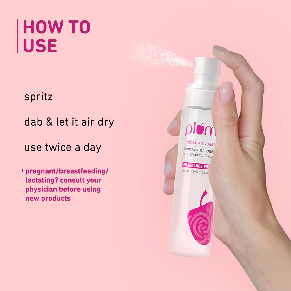 Plum Bulgarian Valley Rose Water Face Toner | for Oily Acne Prone Dry Combination Skin | with Hyaluronic Acid | Hydrating & Pores Tightening | Balances pH Levels | Alcohol-Free | Women & Men | 100ml