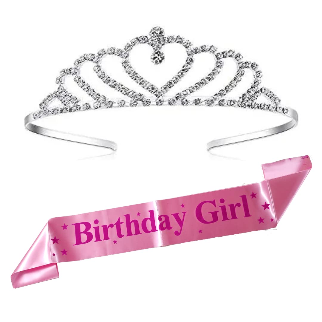 CURATED CART Birthday Tiara Crown with Sash for Women, Party Headband Hair Accessory