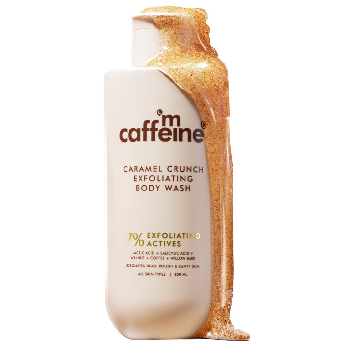 mCaffeine 7% Exfoliating Body Wash with 1% Salicylic 2% Lactic Acid | Reduces Body Acne, Strawberry Skin, Ingrown Hair & Smoothes | Sweet Caramel Shower Gel for Women & Men- All Skin Types (300ml)