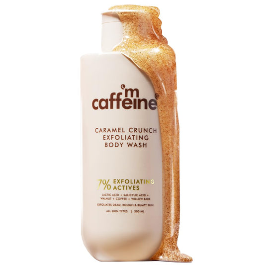 mCaffeine 7% Exfoliating Body Wash with 1% Salicylic 2% Lactic Acid | Reduces Body Acne, Strawberry Skin, Ingrown Hair & Smoothes | Sweet Caramel Shower Gel for Women & Men- All Skin Types (300ml)