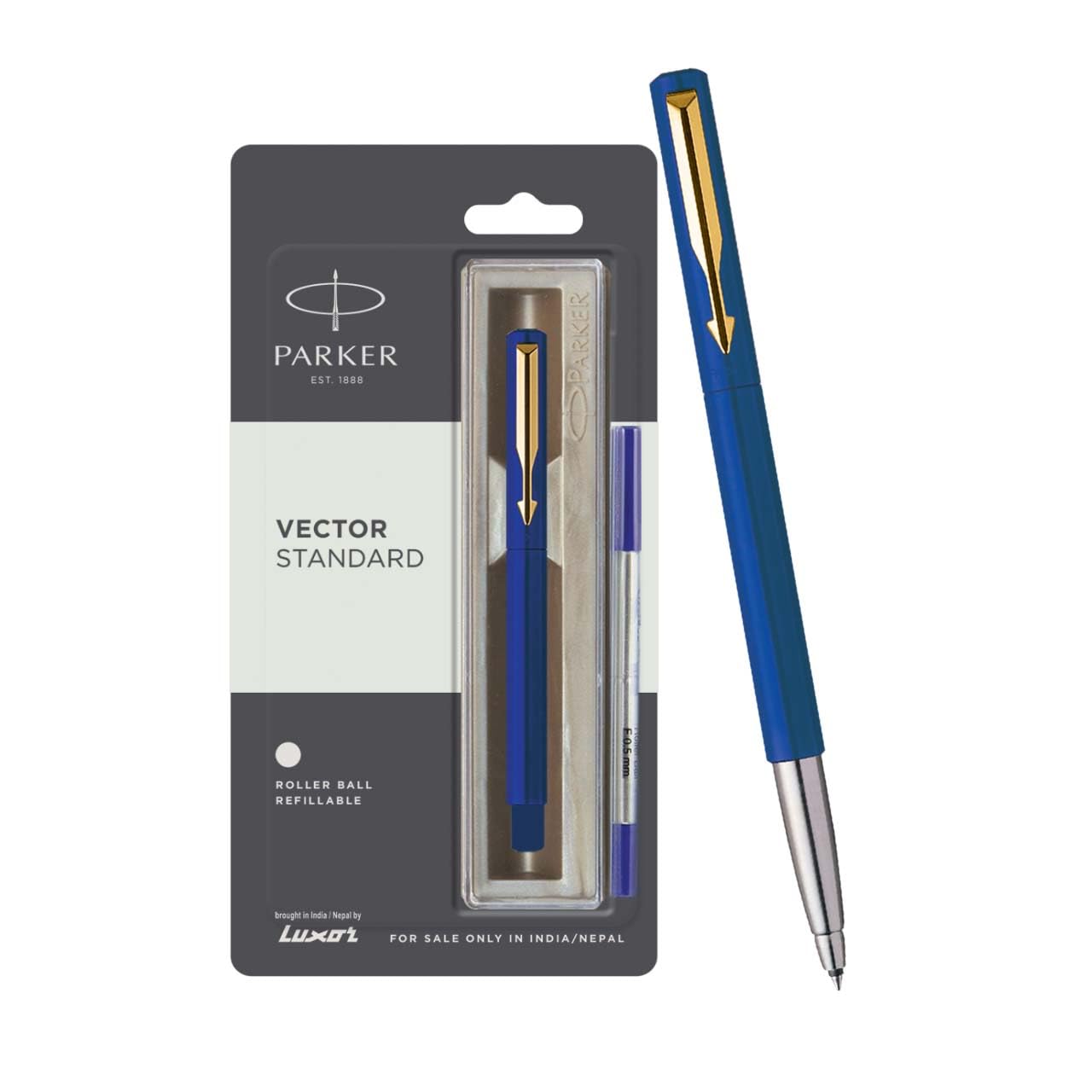 Parker Vector Standard Gold Trim Roller Ball Pen | Ink Color - Blue | Black Body Color | Ergonomic Design | Built for long writing sessions