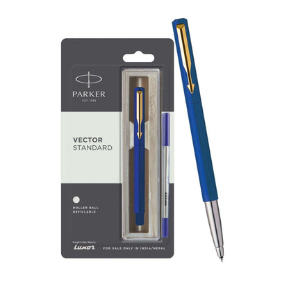Parker Vector Standard Gold Trim Roller Ball Pen | Ink Color - Blue | Black Body Color | Ergonomic Design | Built for long writing sessions
